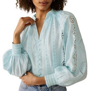 Bailey/44 Lace Detail Light Blue Blouse With Lace Balloon Sleeves boho cottage